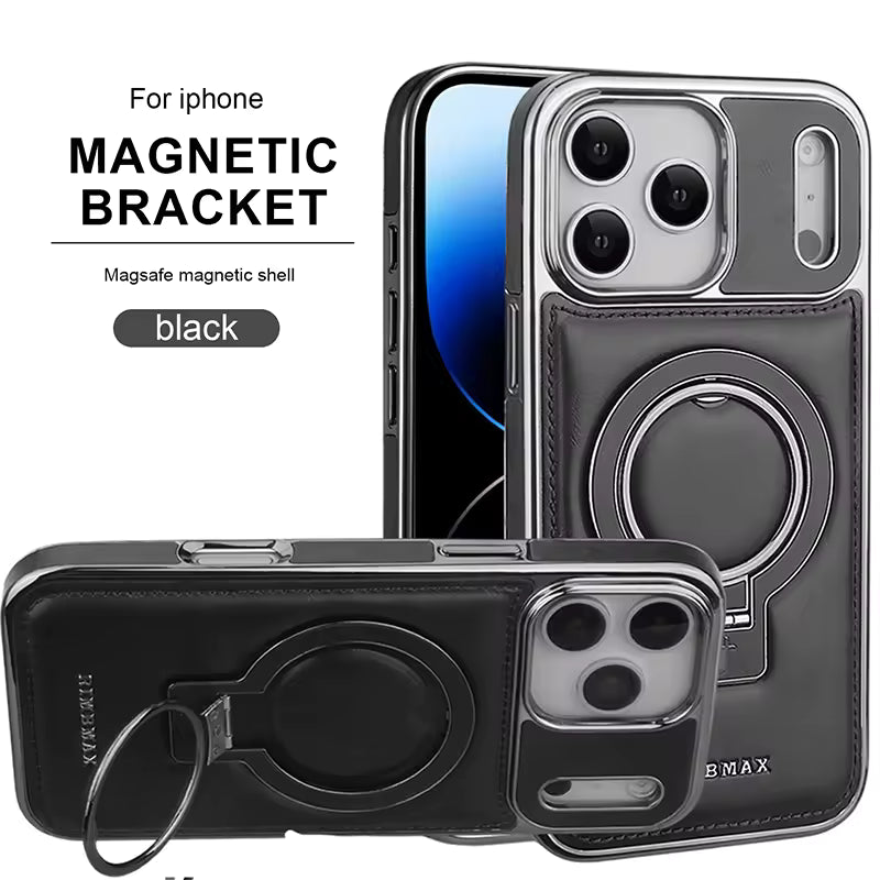 Luxury Electroplating PU Leather Phone Case for iPhone With Rotation Ring Magnetic Stand Shockproof Cover