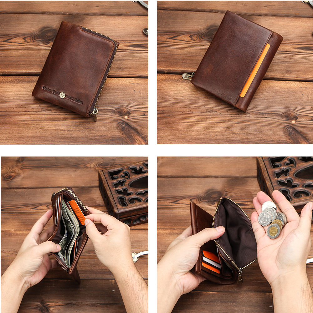 Contact's Vintage Bifold Genuine Leather Wallet for Men Small RFID Wallet With Built-in Card Slot Zipper Coin Purse Wallet