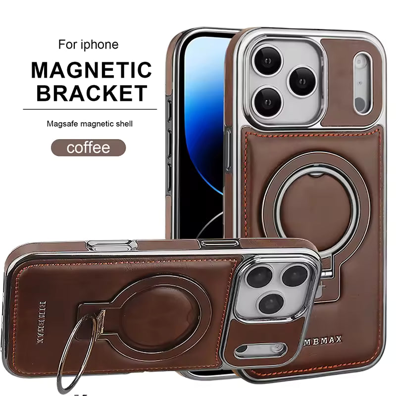 Luxury Electroplating PU Leather Phone Case for iPhone With Rotation Ring Magnetic Stand Shockproof Cover